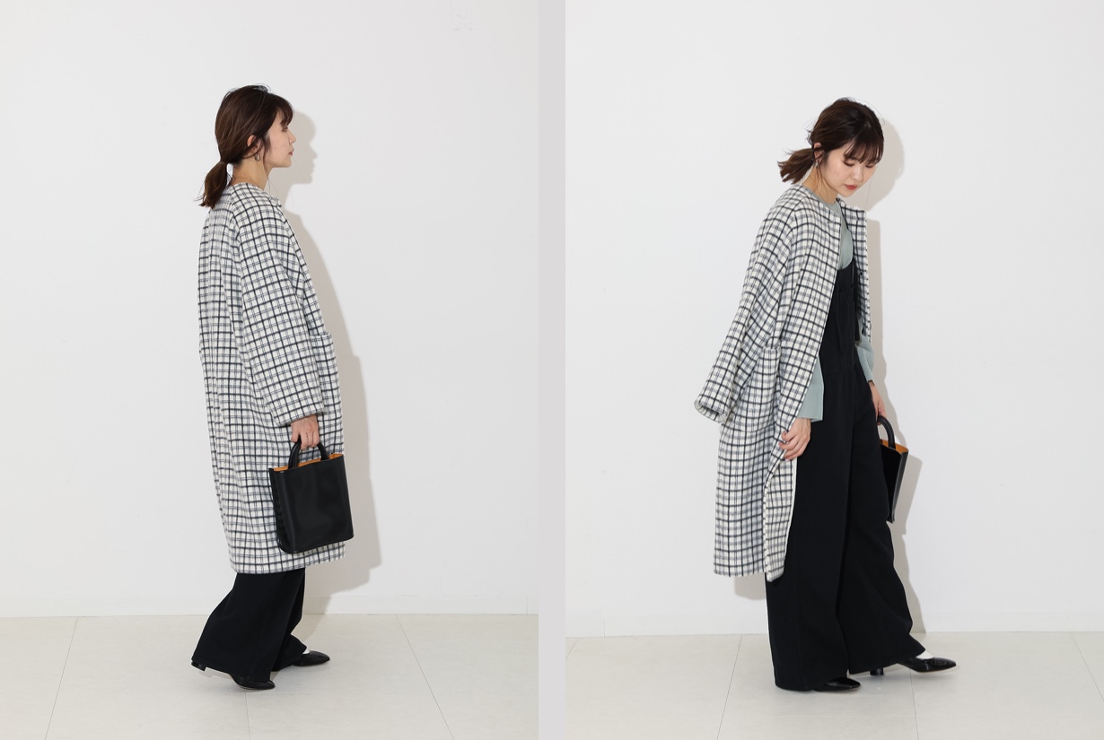 SLOBE IENAチェスターコート ブラックとホワイトのチェック柄 SLOBE IENA｜souple woolダブルフェイスチェスターコート